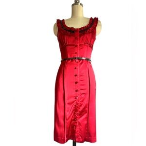 Betsey Johnson Red Satin Black Sequined Ruffled Bodycon Dress Sz 2